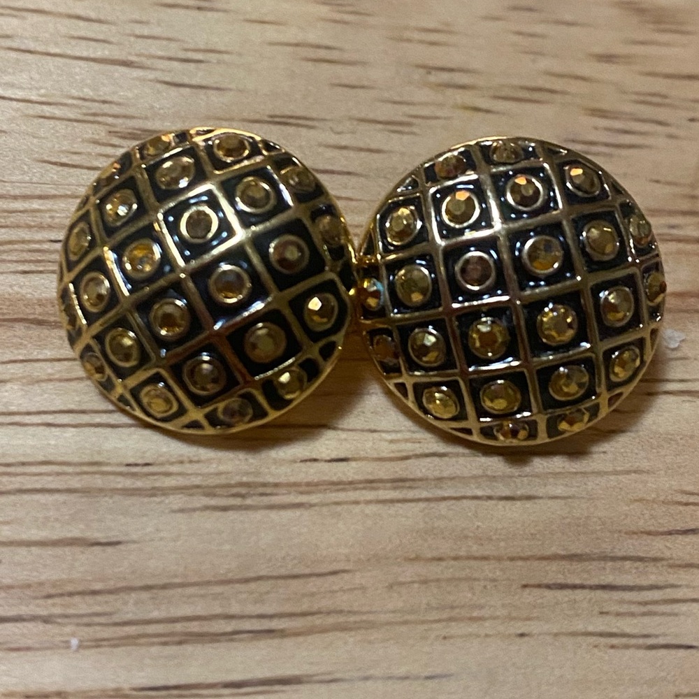 St John Gold tone round Stud Earrings with gold/yellow rhinestones